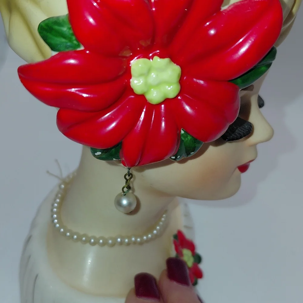 Vtg 1961 Inarco Blonde Girl Christmas Head Vase Poinsettia Necklace Earrings